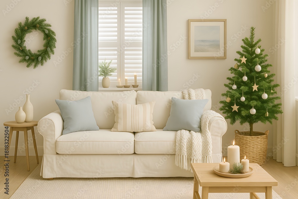 Obraz premium Interior view presents white sofa under shuttered window next to christmas tree featuring holiday decoration and cozy atmosphere