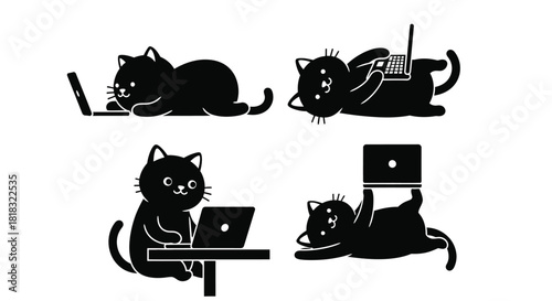 Cute cats working on laptops collection in black and white style