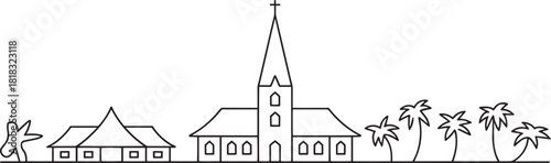 Traditional buildings and palm trees define skyline of island city outline vector illustration