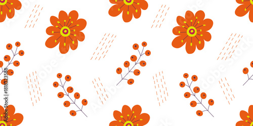 Seamless botanical pattern with orange berries, orange flowers and dashes on a white background for wallpaper, textiles, fabric and wrapping paper.