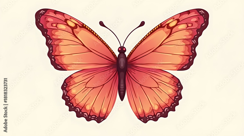Fototapeta premium A vibrant, digitally illustrated butterfly with intricate orange and pink patterns, showcasing its delicate wings against a soft background.