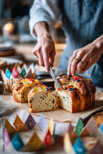 Caucasian female slicing festive fruit bread in cozy kitchen setting