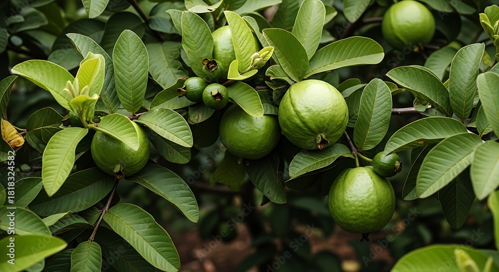 Obraz premium Ripe green guavas hanging from a leafy tree branch in natural light fruit