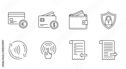 Set of linear icons related to payment and finance.