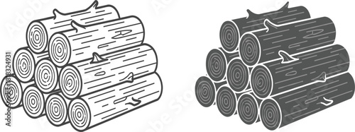 Stacked firewood logs icon, lumber pile set, wood material graphic design element, forestry, heating, line art vector