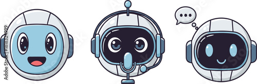 Cute chatbot robot head icons set, friendly AI assistant avatar, technology, communication, and customer service vector