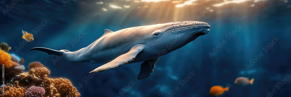 Obraz premium close up of whale in ocean among colorful fish