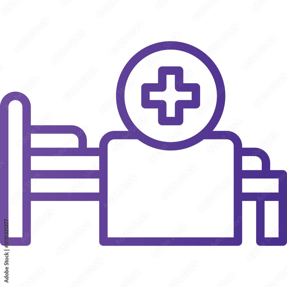 Obraz premium A purple outline icon of a hospital bed with a medical cross symbol above it on a transparent background representing healthcare services and patient care within a medical facility