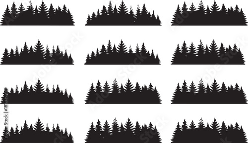 Nine isolated black forest line tree silhouette bands stand against a white background