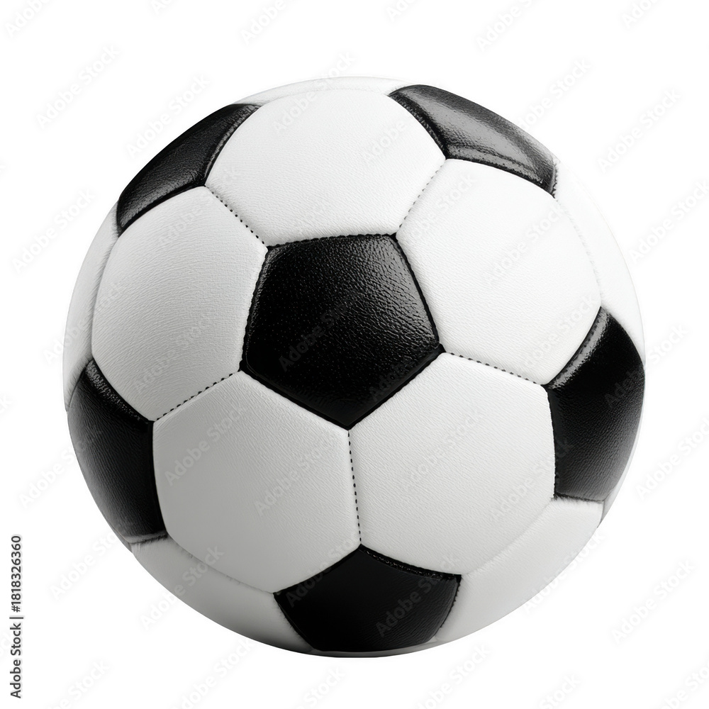 Naklejka premium Classic black and white soccer ball, isolated on transparent background, sports equipment, clean minimal composition, sharp detail