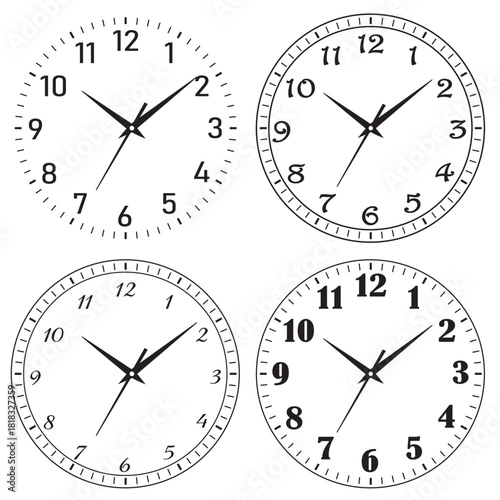 Four analog clocks displaying different times black and white illustration