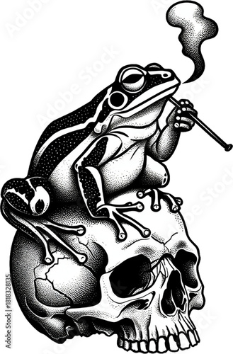 Quirky frog mascot smoking a pipe sits atop a cracked skull conveying dark humor and rebellion.