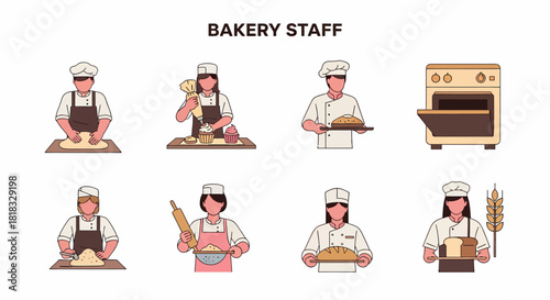 Eight icons depicting bakery staff performing various food preparation and presentation tasks