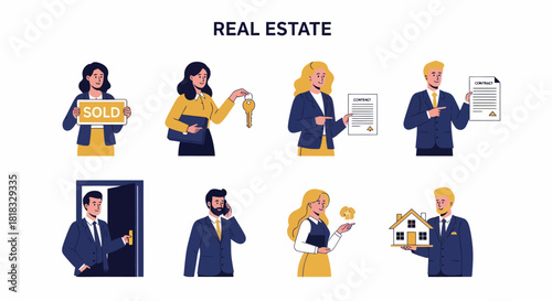 Eight illustrations of real estate professionals engaged in property transactions