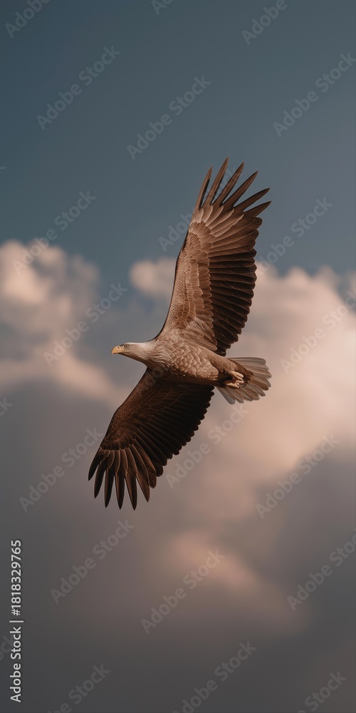 Fototapeta premium Majestic eagle soaring in cloudy sky with open wings