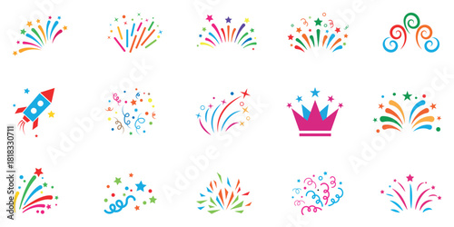 Colorful firework doodles set, festive celebration bursts in handdrawn style