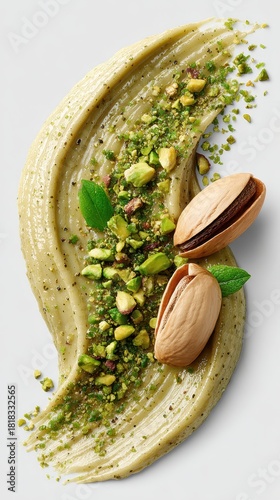 Pistachio spread texture with crushed seeds and whole nuts