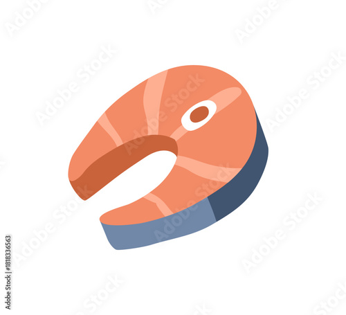Salmon steak slice, icon. Raw red fish fillet with skin. Healthy seafood piece. Fresh marine uncooked eating, protein and fat part, portion. Flat vector illustration isolated on white background