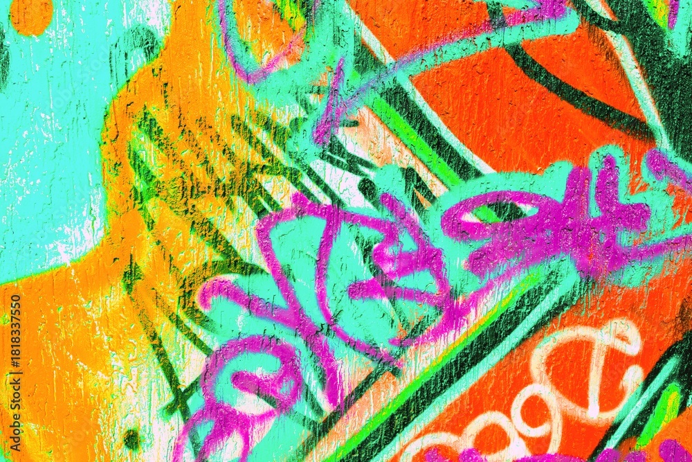 Obraz premium Dynamic graffiti art in neon orange, green, pink. 90s retro style, fluorescent glow, bold strokes. Urban, street art, digital backgrounds, creative modern 90s, 2000s visuals.