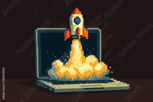 Watch a rocket launch from a laptop screen, an exciting project taking off, success is in sight, business growth is imminent, start your mission today!