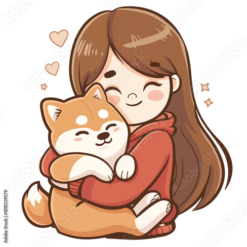 Adorable Anime Girl Hugging a Smiling Shiba Inu Dog with Hearts and Sparkles