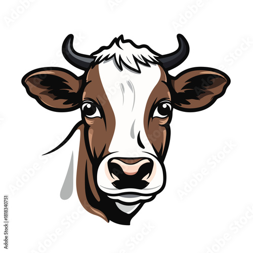 Brown and white cow head with black horns facing forward in vector style