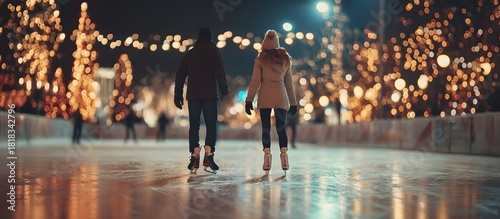 Ice skating lover couple having fun on snow winter holidays