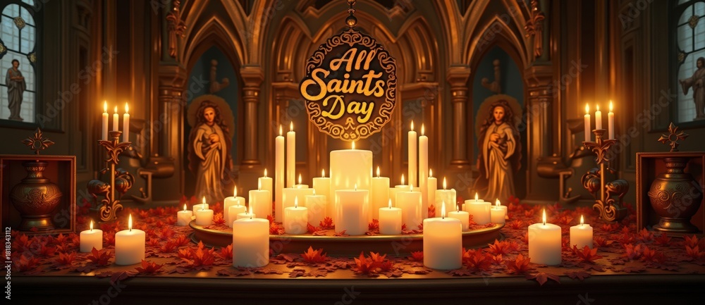 Fototapeta premium All Saints' Day celebration with lit candles in a church. Religious holiday display with autumn leaves on an altar for a traditional Christian observance.
