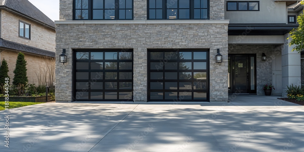 Fototapeta premium Modern house with black metal double garage doors featuring glass panels, emphasizing architectural design, Earth Day