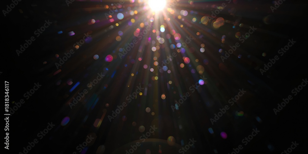 Fototapeta premium Rainbow light effect from sun flares on a black background, colorful glare and shine highlighting light rays on a sparkling surface, Earth Day