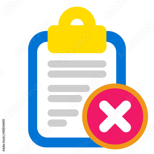Rejected Task Clipboard Icon with Red Cross for Error, Failure, Denied Access, or Incomplete Items
