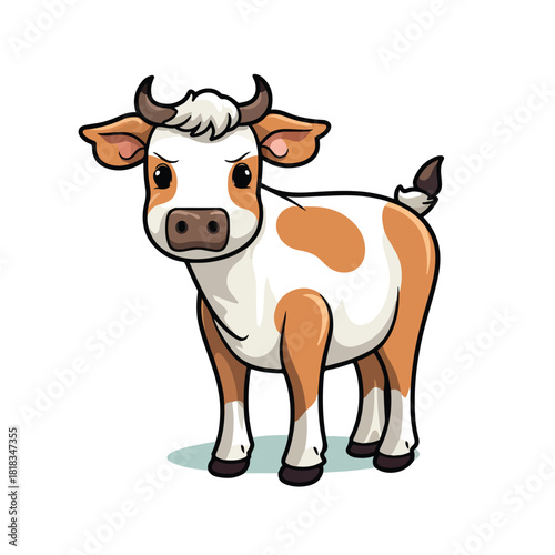Cartoon Cow with Brown Spots and a Short Tail Standing Alertly