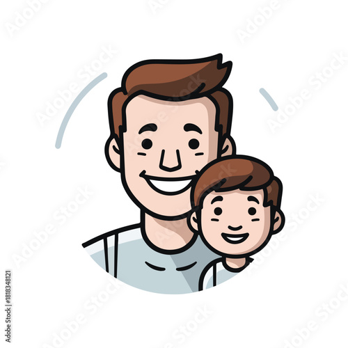 Cartoon father and son portrait with matching brown hair and happy smiles
