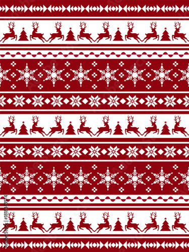 Christmas Pixel Reindeer and Snowflake Seamless Pattern (Red Theme)