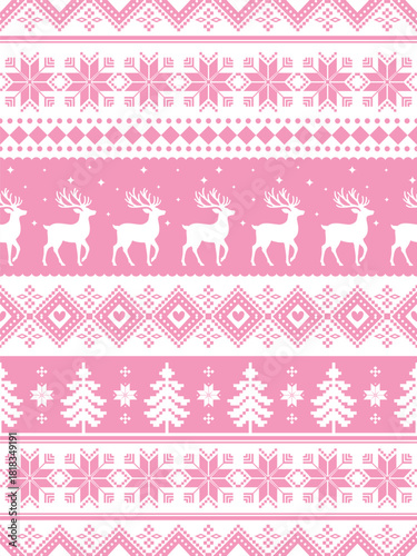 Christmas Pixel Pink Nordic Reindeer Seamless Pattern