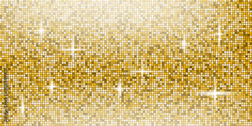 Golden metallic disco ball mosaic background with spotlight. Mirror yellow glitter gradient sequin backdrop. Gold dance floor with sparkles and shine lights. Glam shimmer wall. Vector illustration.