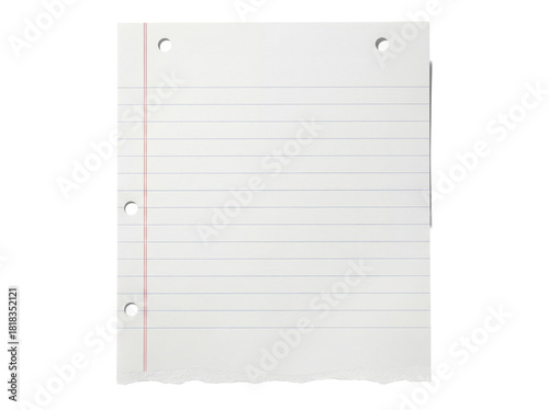 Lined notebook paper PNG isolated on transparent background, loose leaf sheet with holes for school or office supplies