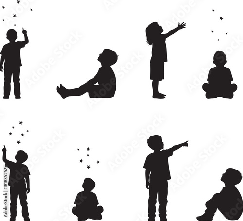 Kids Watching Stars Stargazing Silhouette Set