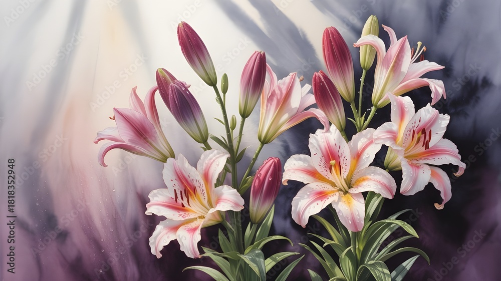 Fototapeta premium Elegant floral arrangement of lilies with pink accents and water droplets for a fresh, vibrant and cheerful feel, perfect for spring designs