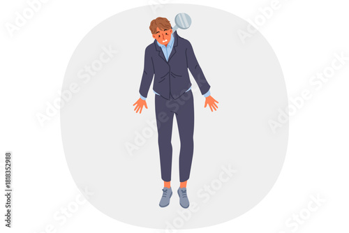 Business man loser hanging on nail, for concept of bankruptcy due to financial crisis. Business male became victim of difficult economic situation and wave of layoffs of corporate personnel