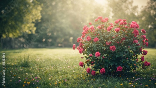 Pink roses bush in a summer garden, serving as a floral background for design and layout