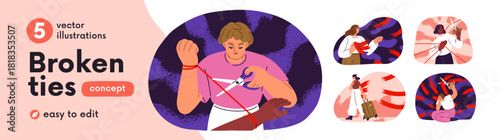 People cutting, breaking ties, psychology separation concept. Characters getting rid of attachments, ending relationships, separating, releasing. Flat vector illustrations isolated on white background