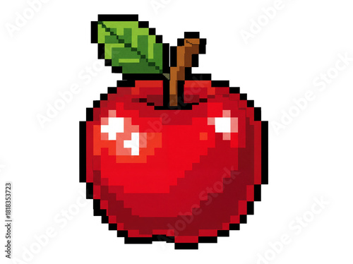 Pixel art red apple PNG isolated on transparent background, retro game fruit graphic for design and creative projects