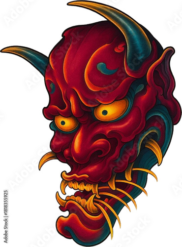 Vibrant red Japanese Oni demon mask with horns symbolizes power protection and folklore.