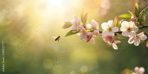 A blossoming apple tree branch with a bee approaching flowers in spring sunlight, emphasizing pollination during seasonal change