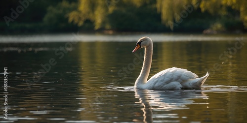 Fototapeta Naklejka Na Ścianę i Meble -  Young swan resting on a lakeshore in a natural setting, emphasizing wildlife and bird behavior