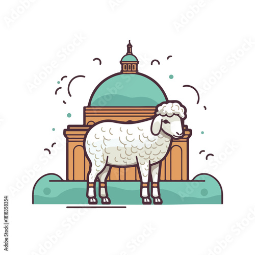Cartoon Sheep Standing Before a DomeShaped Building with Decorative Accents