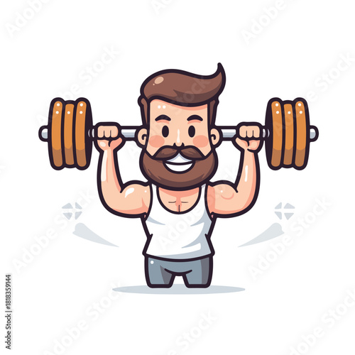 Cheerful Bearded Man Cartoon Weightlifting Overhead Press