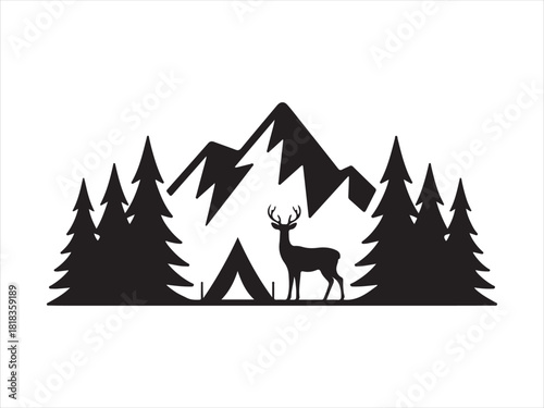Camping Deer Scene Icon | Mountain Wildlife Adventure Silhouette | Outdoor Nature Badge