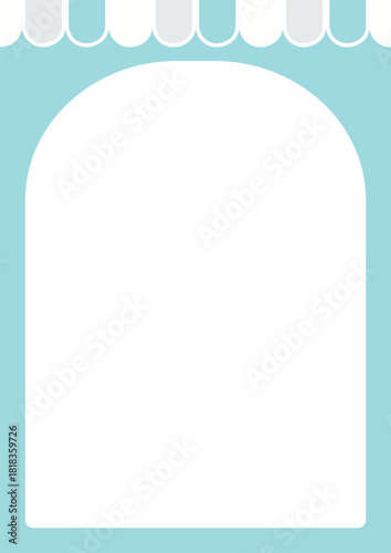 A4サイズ縦CMYKメニュー表台紙、青いオーニング付きアーチ窓型